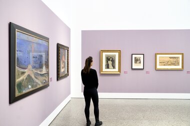 Museum Würth 2 in Künzelsau, Hohenlohe, Baden Württemberg, Deutschland

Besucherin im Museum schaut sich die Ausstellung an.