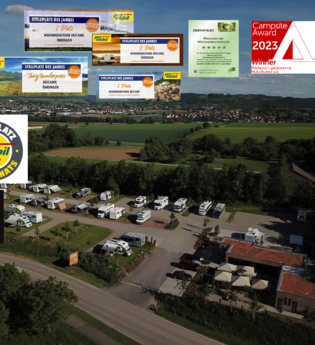 Luftbild mit zahlreichen Auszeichnungen darauf | © Touristikgemeinschaft Hohenlohe e. V. | Wohnmobilstellplatz HEICamp