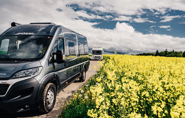 Ein graues Wohnmobil auf einer Straße. Auf der rechten Seite ein gelbes Rapsfeld. Odenwald. | © Touristikgemeinschaft Odenwald e,V.
