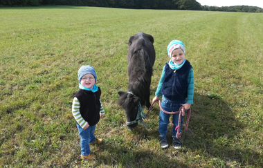 Zwei Kinder mit einem Esel auf einer Wiese | © Touristikgemeinschaft Hohenlohe e. V. | Familie Karle