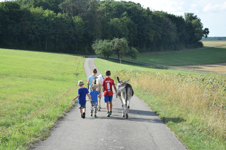 Kinder führen einen Esel auf einem Weg. | © Touristikgemeinschaft Hohenlohe e. V. | Familie Karle