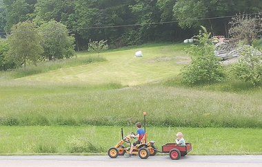 Ein Junge sitzt auf einem Spieltraktor, im Hänger dahinter sein Bruder | © Touristikgemeinschaft Hohenlohe e. V.  | Ferienbauernhof Karle