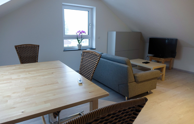 Wohn und Esszimmer mit Tisch und Couch und Fernseher | © Neckar-Zaber-Tourismus e.V.