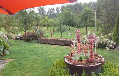 Der Naturgarten mit Blumenbeet und weitläufiger grüner Wiese. | © Touristikgemeinschaft Hohenlohe e. V.  | Ferienwohnung Jagstblick