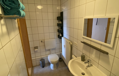Kleines Badezimmer mit weiß gefliesten Wänden, Waschbecken, Spiegel, Toilette, Handtuchhalter mit türkisfarbenen Handtüchern und grauem Boden | © Ferienwohnung Etzl