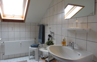 Kleines Badezimmer mit Dachfenster, weiß gefliesten Wänden, Waschbecken, Spiegel, Handtuchhalter und einem kleinen Regal mit Handtüchern und Pflanzen