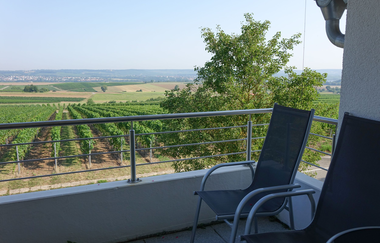 Balkon mit zwei Stühlen,  im Hintergrund sieht man die Weinberge. | © Neckar-Zaber-Tourismus e.V.
