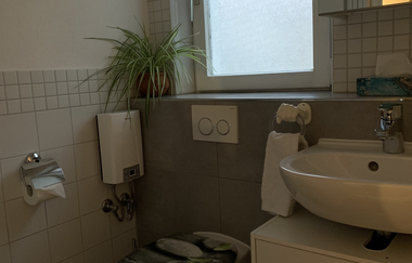 Kleines Badezimmer mit Wandtoilette, dekoriertem Toilettensitz, Waschbecken mit Handtuch und Pflanze auf der Fensterbank | © Gästehaus Sabine