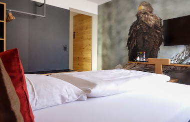 Aufnahme eines Zimmers: weißes Bett und rotes Kissen, gegenüber steht ein Fernseher. Auf dem Bild im Hintergrund ist ein Ader abgebildet. | © Neckar-Zaber-Tourismus e.V.