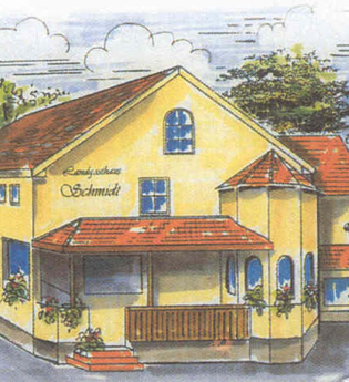 Das Bild zeigt eine Malerei des Landgasthofs, es ist gelb gestrichen und von Bäumen umgeben | © Touristikgemeinschaft Hohenlohe e. V.