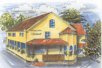 Das Bild zeigt eine Malerei des Landgasthofs, es ist gelb gestrichen und von Bäumen umgeben | © Touristikgemeinschaft Hohenlohe e. V.