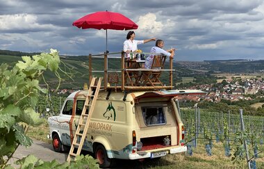 Der Trapperbus steht in den Weinbergen. Zwei Personen sitzen auf der Dachterrasse. | © Jakobshof Lehr