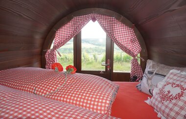 In einem 8.000 Liter großen Weinfass wurde ein Bett eingebaut, der Ausblick aus dem Fenster ist auf die Weinberge gerichtet. | © Jakobshof Lehr