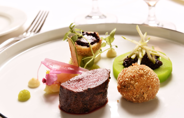 Gehobene Küche, Teller mit Filet und anderen Köstlichkeiten, im Restaurant vom Schloß-Hotel Ingelfingen serviert | © Touristikgemeinschaft Hohenlohe | Schloß-Hotel Ingelfingen