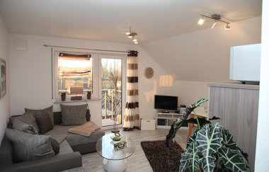 Wohnzimmer mit Couch, Wohnzimmertisch, TV, Teppich, Pflanzen und Balkon