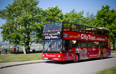 der rote Doppeldeckerbus mit Cabriodach fährt auf einer asphaltierten Straße. Die Sonne scheint, im Hintergrund sind grüne, hohe Bäume erkennbar | © Heilbronn Marketing GmbH