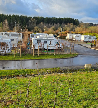 Ein Wohnmobilstellplatz mit vielen weißen Wohnmobilen. Im Vordergrund eine Wiese. Im Hintergrund ein Wald. Mudau im Odenwald. | © Golfclub Mudau und Freizeitanlagen GmbH