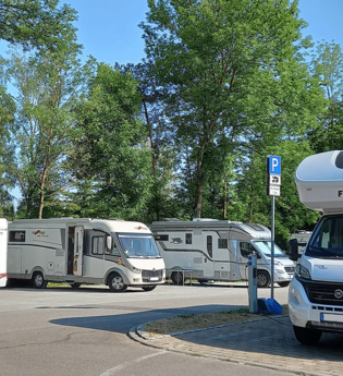 Wohnmobilstellplatz mit mehreren geparkten Wohnmobilen und Bäumen im Hintergrund. | © Stadt Gaildorf