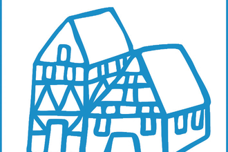 Logo mit blau illustriertem Fachwerkhaus auf weißem Hintergrund