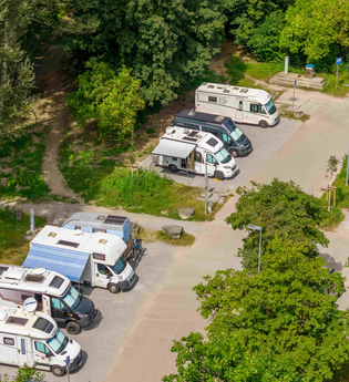 Wohnmobilstellplatz mit mehreren geparkten Wohnmobilen, umgeben von Bäumen. | © Michael Kühneisen