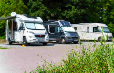 Drei Wohnmobile auf einem Stellplatz, im Vordergrund Gras, im Hintergrund Bäume. | © Michael Kuehneisen
