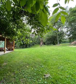 Blick auf den Wohnmobilstellplatz auf dem Ferienbauernhof Schamman in Neubronn. Es ist eine von Bäumen umgebene Wiese mit einer Pergola zu sehen. | © Touristinfo Weikersheim