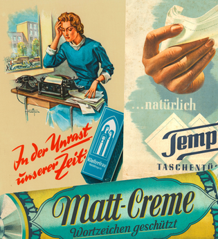 Eine Sammlung von alten Werbeplakaten.