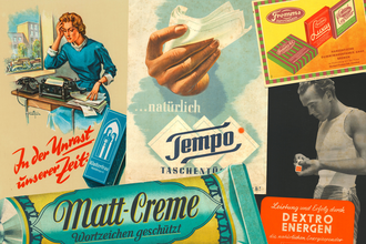 Eine Sammlung von alten Werbeplakaten.