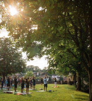 Yogis beim Praktizieren auf der Wiese | © Pranaphyio Jeanette Stapf