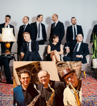 Männer in Amnzügen, davor drei Saxophonisten | © Jazzinitiative Schwetzinen
