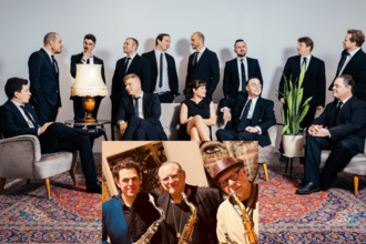 Männer in Amnzügen, davor drei Saxophonisten | © Jazzinitiative Schwetzinen