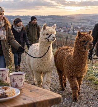 Adventswanderung mit Alpakas in den Weinbergen. Dazu gibt es Punsch und Kekse.