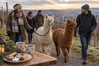 Adventswanderung mit Alpakas in den Weinbergen. Dazu gibt es Punsch und Kekse.
