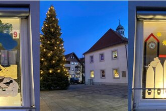 Tannenbaum auf dem Rathausplatz mit Adventskalender