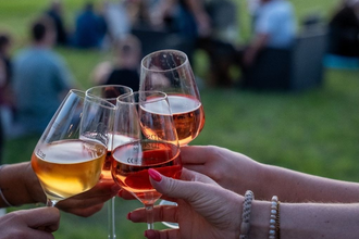 im Vordergrund drei Hände, die mit gefüllten Weingläsern anstoßen