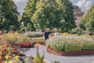 Spaziergänger am Feuerbeet inmitten von Blumenbeeten I Bad Rappenau I HeilbronnerLand | © Stadt Bad Rappenau I Chris Frumolt