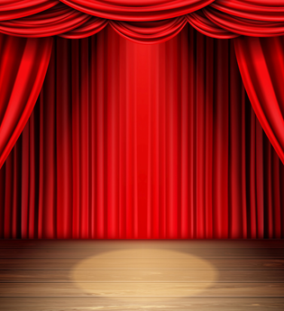 Roter Theatervorgang - vorderer Vorhang teilweise aufgezogen, mit Lichtspot auf Bühnenboden | © designed by Freepik