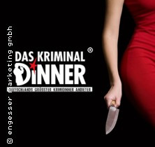 Frau in rotem Kleid hält ein Messer, daneben der Schriftzug 'Das Kriminal Dinner'. | © see on the left
