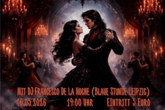 Zwei schwarz gekleidete Personen – ein Mann und eine Frau – tanzen eng miteinander in einer stimmungsvollen, dunklen Atmosphäre. Darüber steht der Titel „Dunkelromantische Tanznacht“, darunter der Hinweis „mit DJ Francesco de la Noche“.