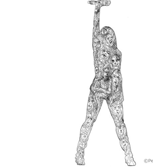 Eine schwarz-weiße Zeichnung einer stehenden Frau mit erhobenem Arm, bestehend aus vielen kleinen Gesichtern. | © Kultur- und Sportamt Stadt Bietigheim-Bissingen