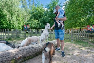 Vater und Kind im Ziegengehege