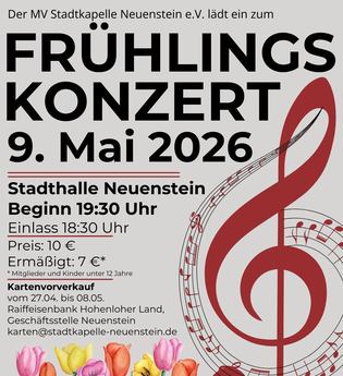 Flyer für das Frühlingskonzert des MV Stadtkapelle Neuenstein e.V. mit Informationen zur Veranstaltung | © Touristikgemeinschaft Hohenlohe e.V. | MV Stadtkapelle Neuenstein e.V.