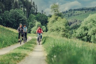 3 Radfahrer fahren auf einem Radweg inmitten von Wiesen und Wäldern | © Touristikgemeinschaft Odenwald e.V.