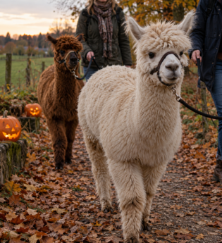 Alpakas werden durch die herbstliche Landschaft geführt. Am Wegrand stehen leuchtende Kürbisse.