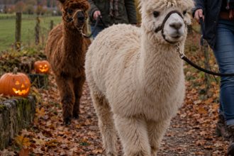 Alpakas werden durch die herbstliche Landschaft geführt. Am Wegrand stehen leuchtende Kürbisse.
