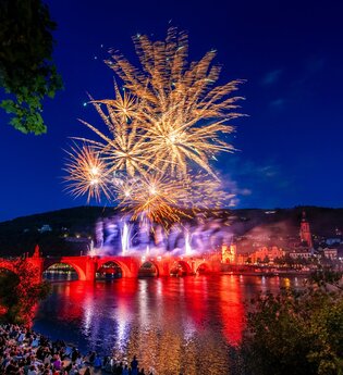 Feuerwerk über der Alten Brücke und dem Heidelberger Schloss mit Zuschauern am Neckarufer. | © Heidelberg Marketing GmbH / Tobias Schwerdt
