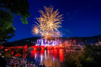 Feuerwerk über der Alten Brücke und dem Heidelberger Schloss mit Zuschauern am Neckarufer. | © Heidelberg Marketing GmbH / Tobias Schwerdt