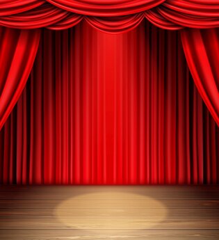 Roter Theatervorgang - vorderer Vorhang teilweise aufgezogen, mit Lichtspot auf Bühnenboden | © designed by Freepik