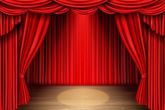 Roter Theatervorgang - vorderer Vorhang teilweise aufgezogen, mit Lichtspot auf Bühnenboden | © designed by Freepik
