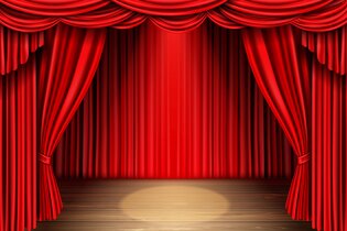 Roter Theatervorgang - vorderer Vorhang teilweise aufgezogen, mit Lichtspot auf Bühnenboden | © designed by Freepik